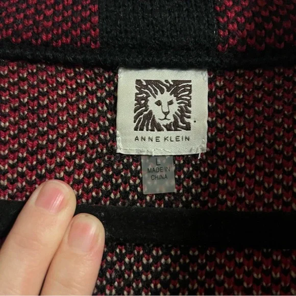 Anne Klein Vintage Plaid Lion Brooch Buckle Sweater Jacket Size Large - Picture 3 of 7